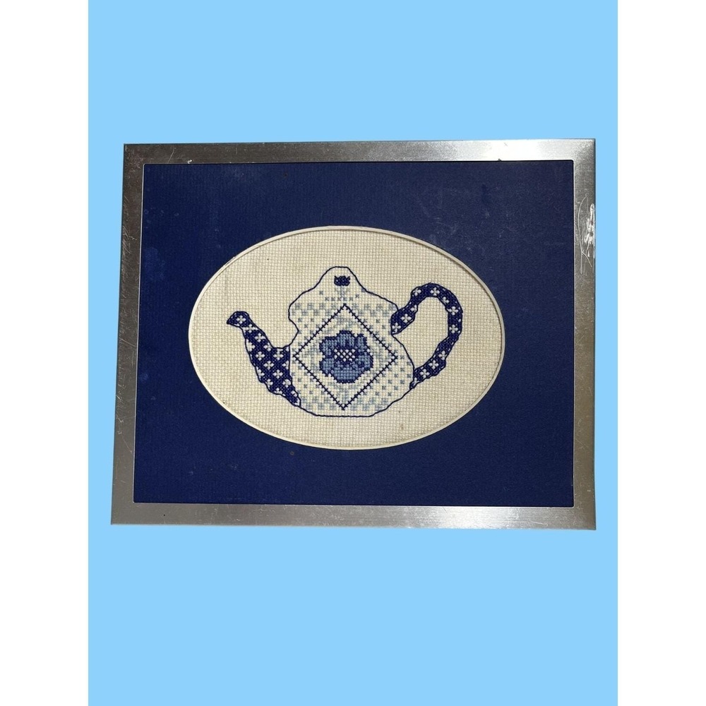Framed Cross Stitched Teapot‎ Art 8" x 10" Vintage Handmade Granny Kitchen Decor